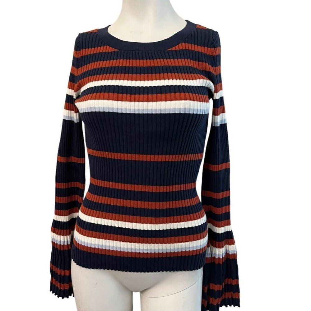 Bar Iii Womens Medium Flared Sleeve Pullover Sweater Blouse Navy Blue Rust NWT